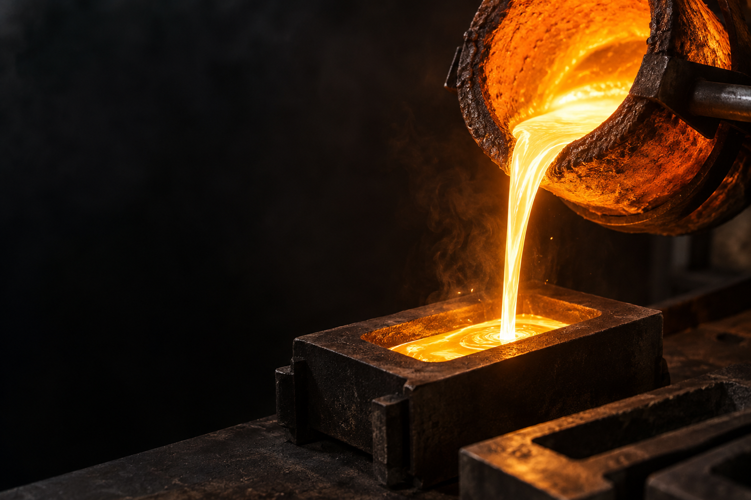 Illustrative close-up of molten gold being poured into an ingot mould